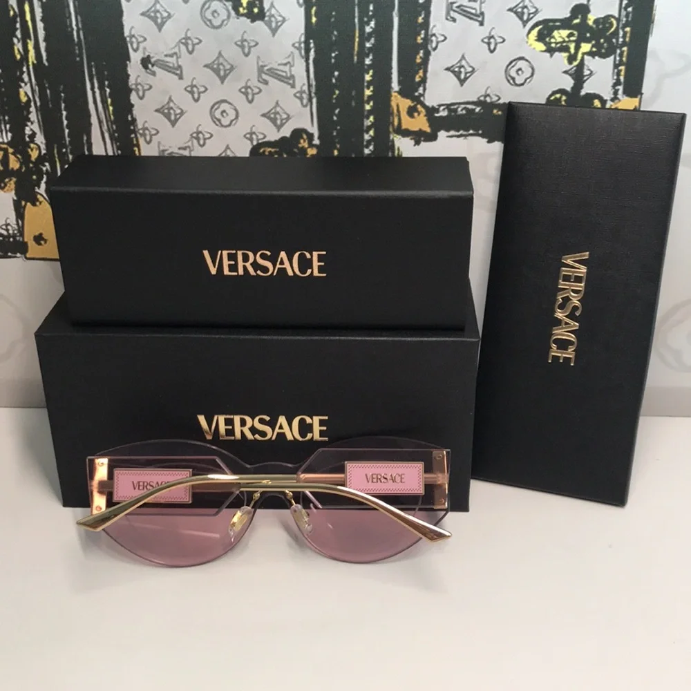 New Versace™ VE2276 Damier Women’s Sunglasses – Rimless Pink Metal - Picture 15 of 15